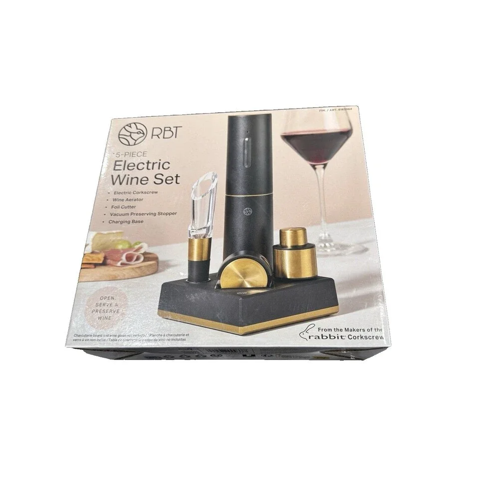 RBT 5 Piece Electric Wine Set Corkscrew Aerator Stopper Foil Cutter Base New